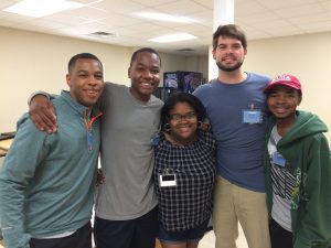 Blackburn Students Ryan Coleman, Jared Hunter, Maya Perry, Jimmy Pritchett, and James Clinton spending time together at 2016 New Student Retreat