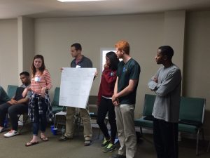 Blackburn Students Ronald Nelson, Kristen Chambliss, Rob Grady, Tori Leonard, William Bounds, and Jared Hunter share their initial ideas for a Daniel Community Scholars project at the 2016 New Student Retreat